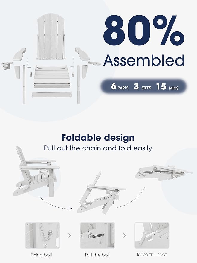 KINGYES Folding Adirondack Chair Set of 2, Dual Cup Holders & All-Weather HDPE, Wood-Like Patio Chair for Backyard, Camping, Pool & Fire Pit, White
