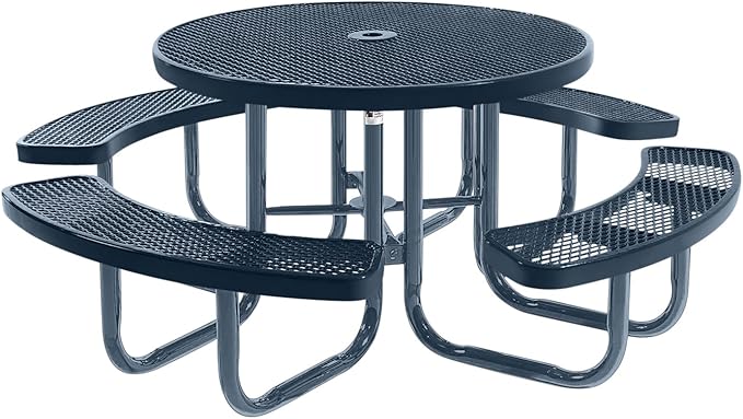 Heavy-Duty Portable Outdoor Picnic Table with Umbrella Hole, Expanded Metal Commercial-Grade Patio Furniture Made in America (46" Round Top, Dark Blue with Dark Blue Frames)