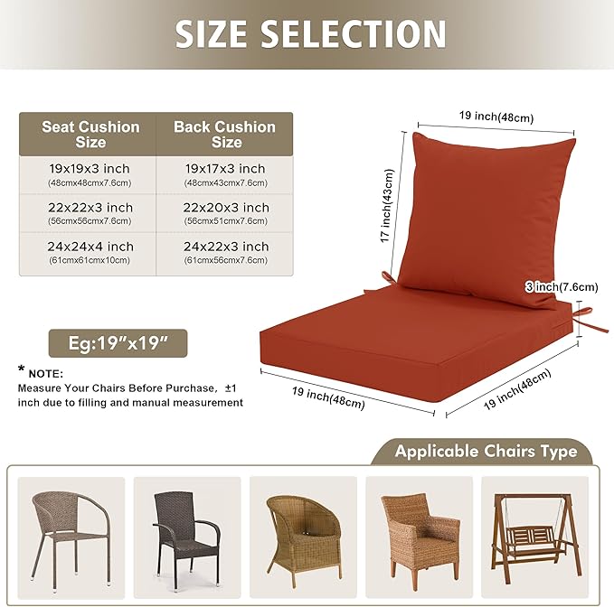 24x24 Inch Outdoor Cushions for Patio Furniture, Waterproof Outdoor Chair Cushions w/Fade-Resistant, Removable & Machine-Washable Covers, Deep Seat Sofa/Couch Pad Replacement – Set of 1/2/4, Rust