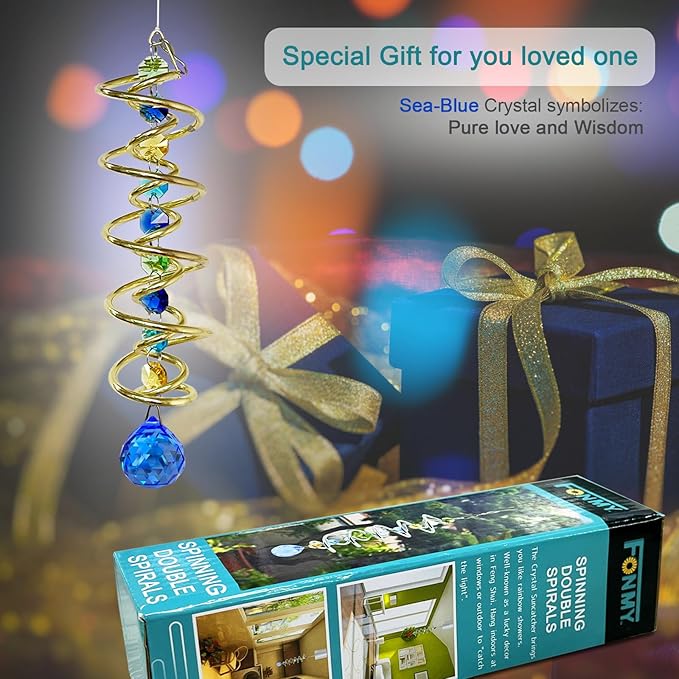 FONMY Gazing Ball Spiral Tail -Decorative Wind Spinner Sun Catcher Rainbow Maker Golden Double-Spiral W/Sea Blue Crystal Ball and Chain Crystals Beads for Indoor Outdoor Garden Decoration -14 inch H
