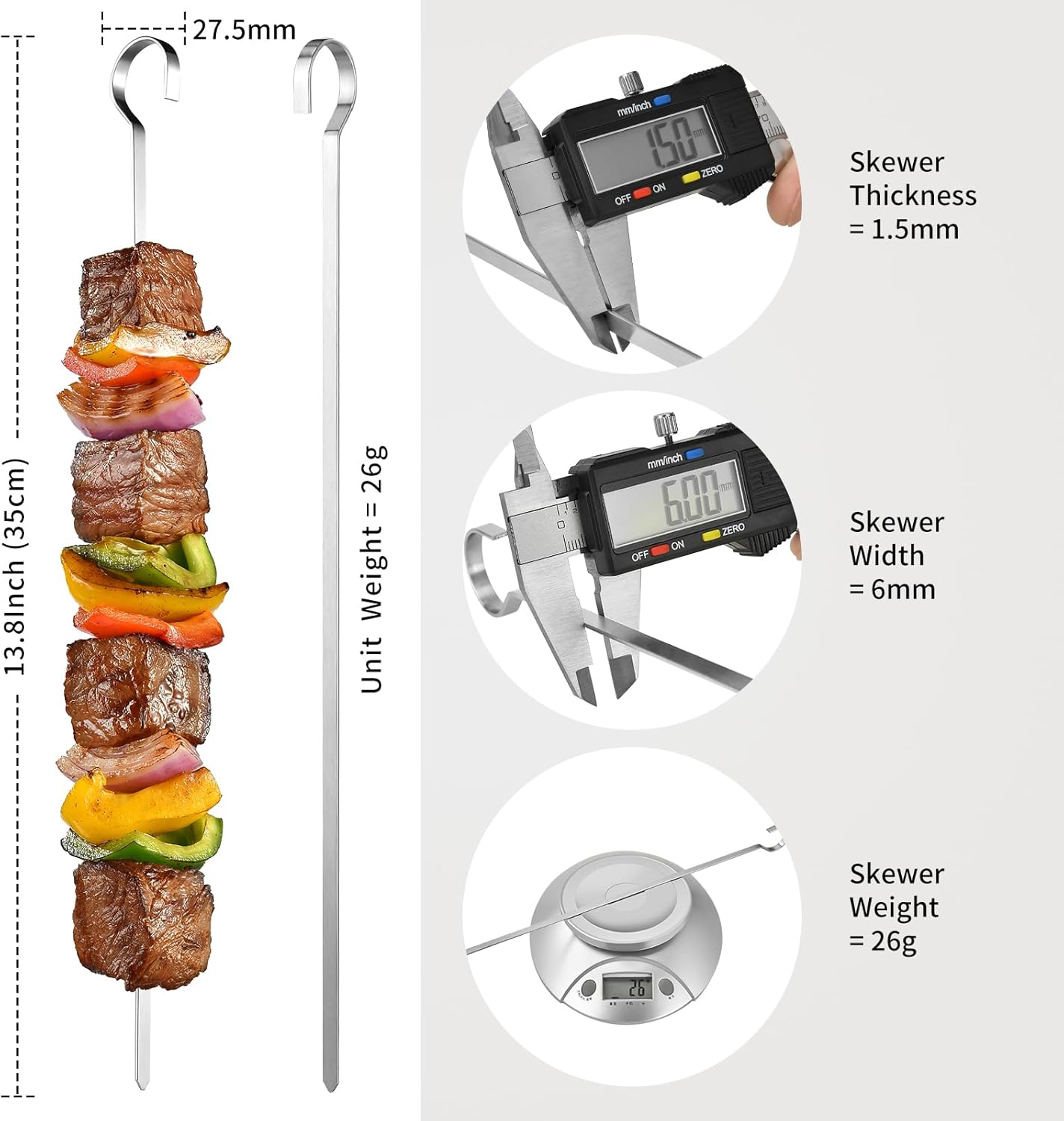 13.8" 12 Pack - Metal Flat Skewers Reusable Kabob Skewers BBQ Barbecue Skewers for Grilling, Stainless Steel