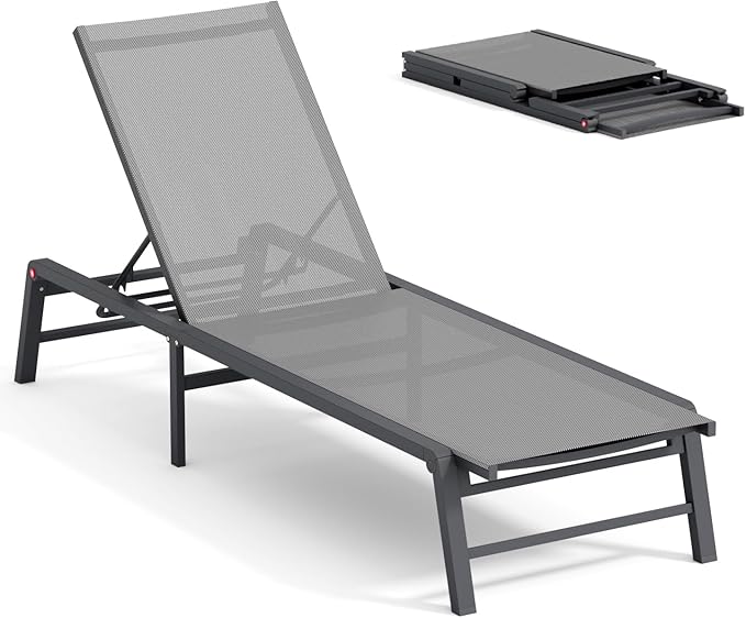 Aluminum Chaise Lounge Chair Outdoor, Foldable Patio Lounge Chair Assemble-Free, Pool Lounge Chairs with 5 Adjustable Backrest, Outdoor Lounge Chairs for Outside Poolside Beach Lawn Grey