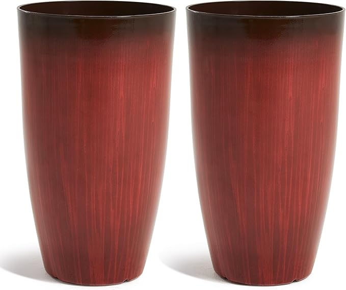 Worth Garden 20" H. Plastic Planters - Set of 2 Gradient Red Glossy Smooth Finish - Tall Plant Pots Drain Hole for Indoor Outdoor Use - Decorative Lightweight Flower Pots for Front Porch, Patio, Deck