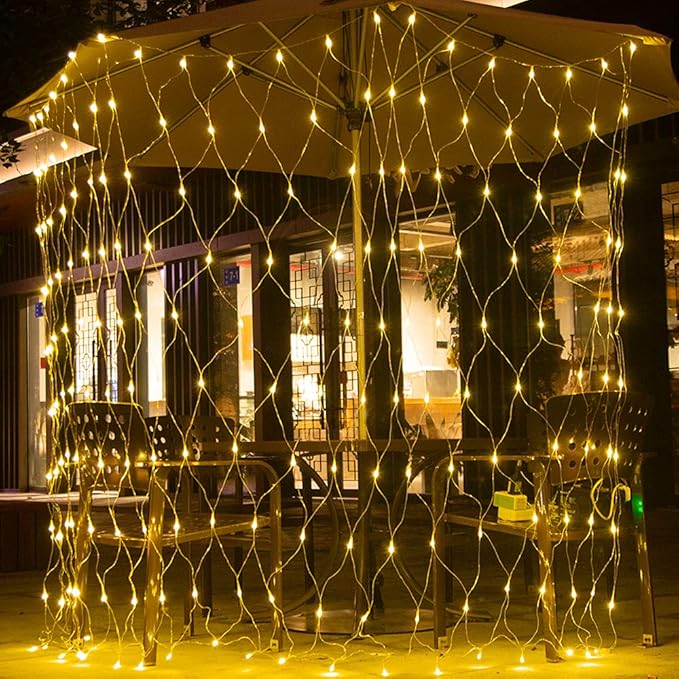 Pooqla Net Lights, 300LED Christmas Outdoor Mesh, 14.8x4.9 ft Fairy String 8 Modes Green Wire, Connectable Waterproof Decorative for Bushes Tree Garden Halloween, Warm White