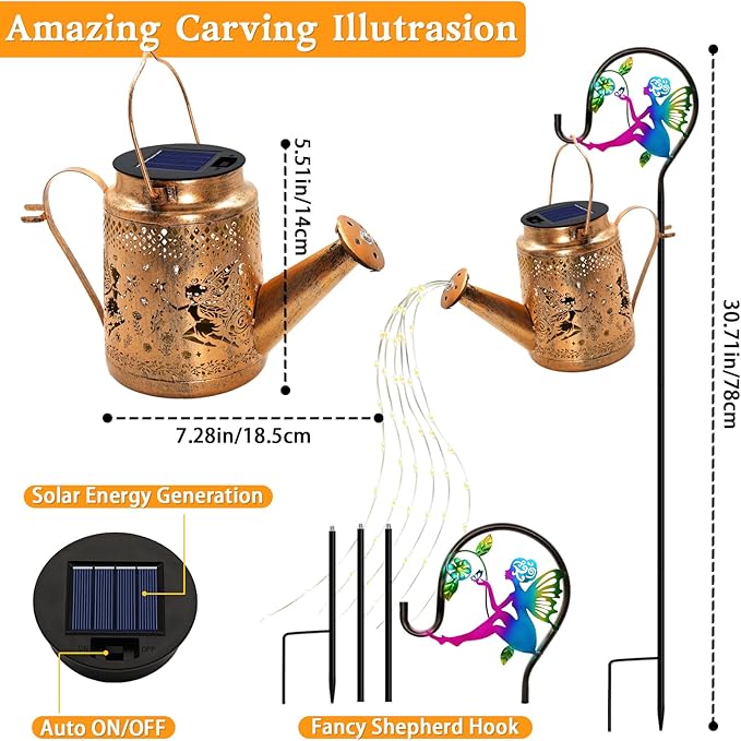 Solar Lanterns Outdoor Waterproof,Metal Watering Can Garden Decor,Fairy Hanging Solar Path Lights Yard Art,Outside Patio Decorations Gardening Birthday Gifts for Mom Grandma Women（with Shepherd Hook）