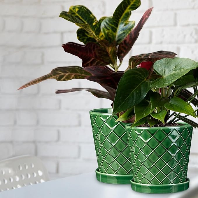 EFISPSS Ceramic Plant Pots, 4+5+6 Inch Pots for Indoor Plants, Flower Pots with Drainage Hole and Tray,Indoor/Outdoor Usage, Modern Style Garden Pots Set of 3 - Patina