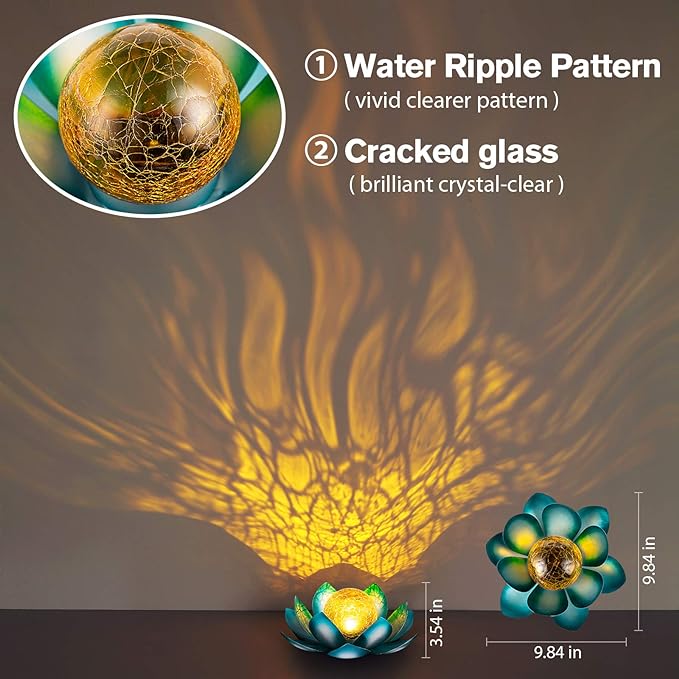 Huaxu Solar Light Outdoor Garden Decor Blue Metal Crackle Globe Glass Waterproof LED Lotus Flower Table Lamp Decorations for Patio Yard Porch Pathway Ground