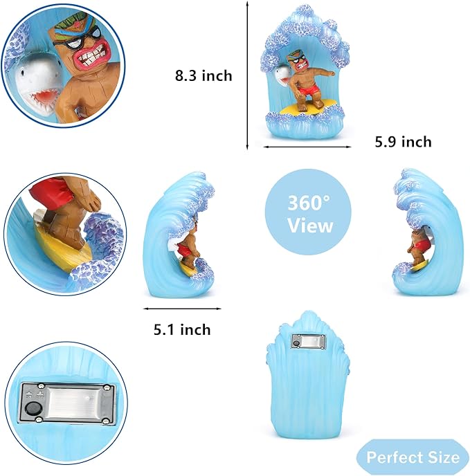 Solar Tiki Statue Decor-Garden Statue Outdoor Ornaments - Tiki Man Surfing Waterproof Decoration Figurine for Tiki Bar,Patio,Balcony,Yard,Lawn,Table