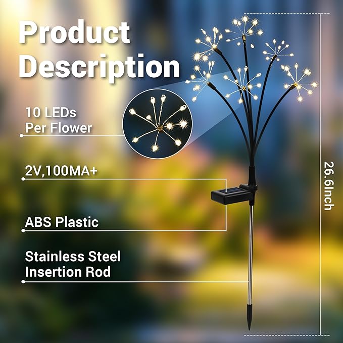 Solar Garden Decor Lights Outdoor, Solar Powered Lights Waterproof for Yard Patio Porch Flowerbed, Fairy Gardening Supplies Gifts Firwork(4 Pack Warm White)