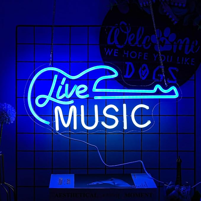 Guitar Neon Sign Blue White Live Music for Wall Decor Dimmable Guitar Led Light up Sign Letter Neon Signs Art Decorative Lights for Music Studio Live Streams Nightclub
