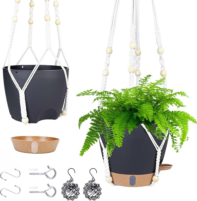 Hanging Planter Self Watering 8 Inch, 2 Pack Hanging Baskets for Plants, Hanging Flower Pots with Drainage Hole & 2 Kinds of Plant Hangers for Garden Home Decor (Black, 8 inch)