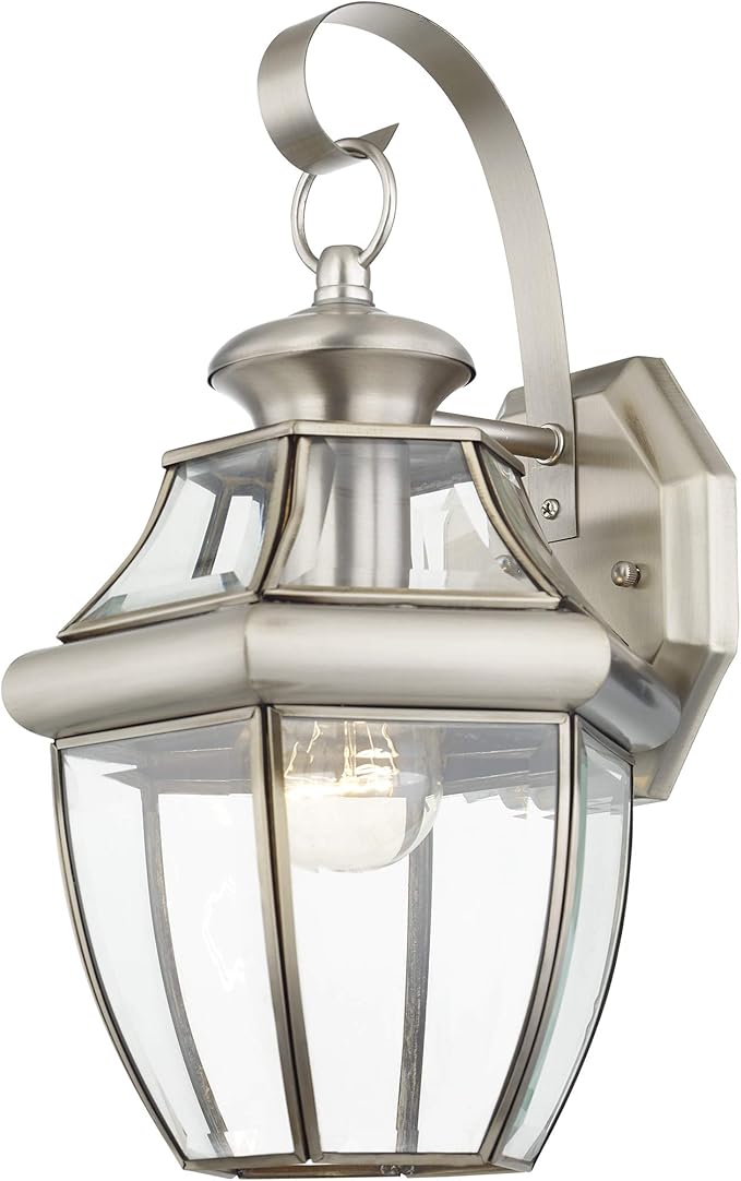 Livex Lighting 2151-91 Monterey 1 Light Outdoor Brushed Nickel Finish Solid Brass Wall Lantern with Clear Beveled Glass 13" x 8.5" x 8.25"