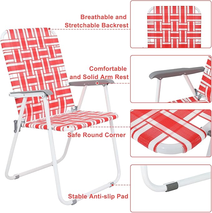 VINGLI Patio Lawn Webbed Folding Chairs Set of 2, Outdoor Beach Chair Portable Dining Chair for Yard, Garden (Red, Classic)