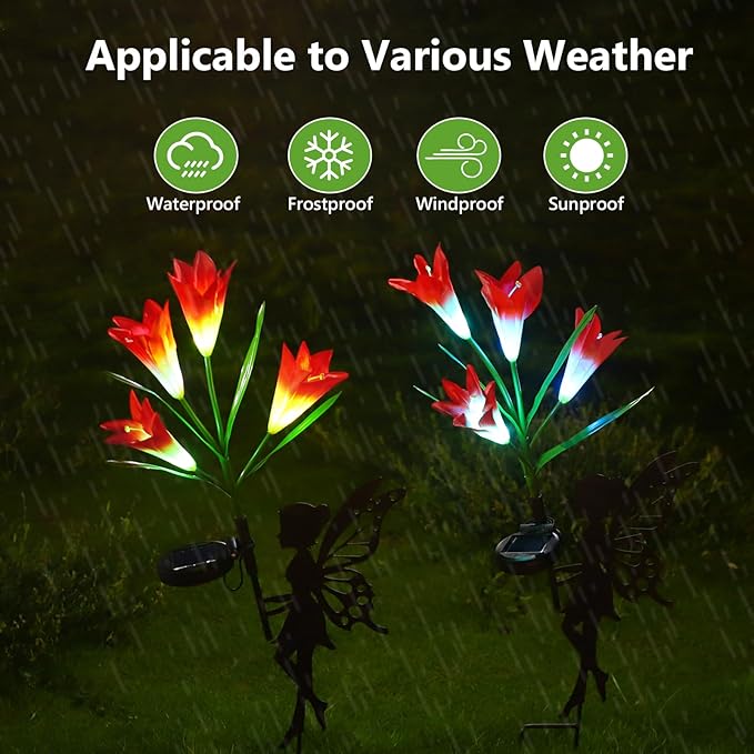 2 Pack Solar Lights Outdoor Waterproof, Outdoor Fairy Solar Lights for Yard with Flower Lights, Color Changing Solar Garden Lights, Solar Fairy Garden Decor for Patio, Lily Flower Light Gifts for Mom