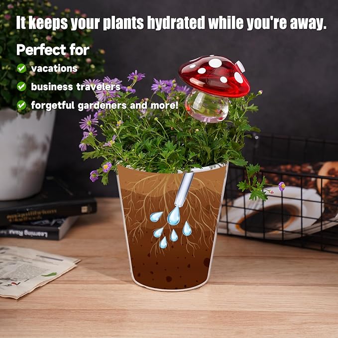NiHome Glass Mushroom Plant Self Watering Globe Set of 3 Colors, Durable Hand-Blown Glass Bulbs Automatic Home Plant Hydration System for up to 3 Weeks, Easy Refill Design with Adjustable Flow Rate