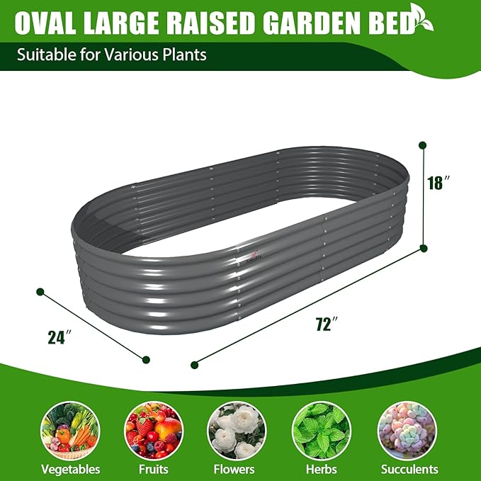A ANLEOLIFE 6X2X1.5 ft Galvanized Raised Garden Beds Outdoor, Oval Round Metal Planter Box for Planting Vegetables Flowers Herb, Anti-Rust & Easy-Setup, Quartz Grey