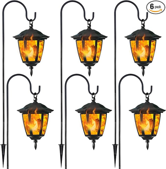 Dynaming 6 Pack Solar Flame Hanging Lights Outdoor, Solar Flickering Flame LED Garden Lanterns with 6 x 38 Inch Shepherd Hooks, Landscape Lighting Waterproof for Lawn Patio Yard Pathway Driveway