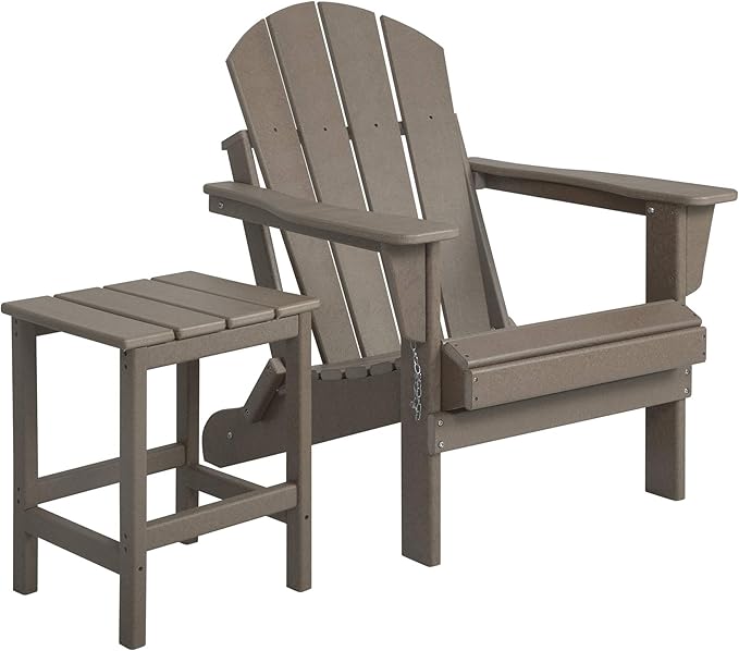 WO Home Furniture Adirondack Chair Table Set of 2 PCS Outdoor Folding Chair w Side Table Weather/UV Resistant for Lawn, Garden, Bon Fire, Balcony (Weathered Wood)