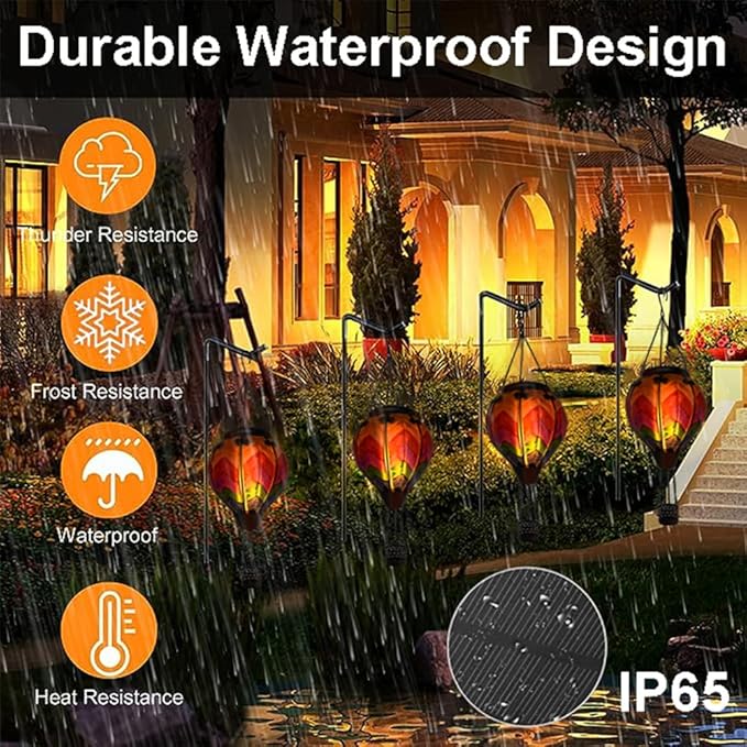 2PC Hot Air Balloon Solar Lantern, Wavy-Colorful Flickering Flame Hanging Solar Lanterns Outdoor Lights Waterproof Lanterns Decorative Garden Patio Yard Party Decor with 2PC Shepherd Hook