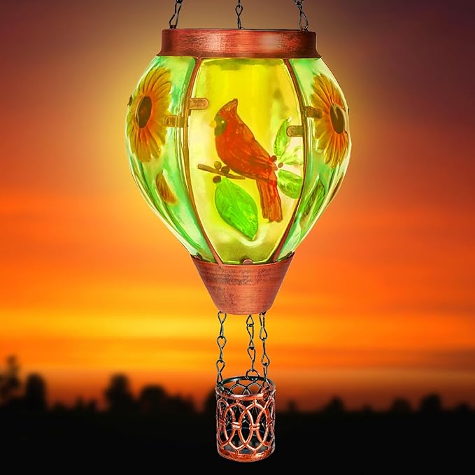Solar Hot Air Balloon Lantern with Flame， Cardinal Glass Solar Hanging Lights Outdoor Yard Patio Farmhouse Decoration, Cardinal Gifts for Women Grandma Mom - Cardinal
