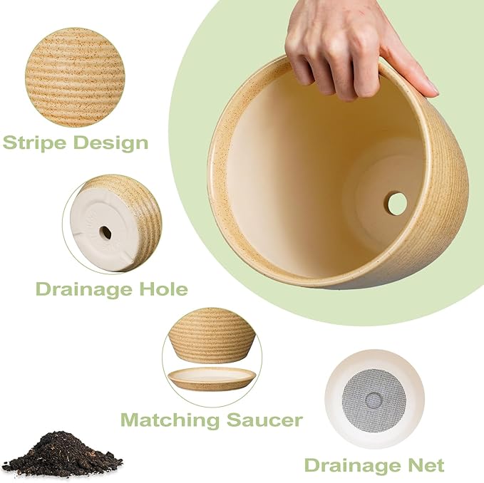 Ceramic Plant Pot 12 Inch - Large Planter for Indoor Plants Outdoor Flower Pot with Drainage Hole and Saucer Round Decorative Planter for Home Patio Garden Balcony Yellow