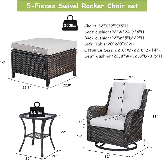Outdoor Wicker Patio Furniture Set - 5 Pieces Rattan Patio Conversation Set with 2 Rocking Swivel Chairs,2 Ottomans and 1 Side Table for Porch Deck Backyard Garden(Brown/Beige)