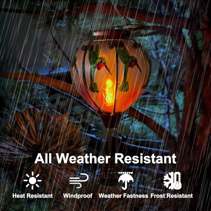 2PCS Solar Hot Air Balloon Lanterns with Flame Glass Hot Air Balloon Lights with 2PCS Shepherd's Hooks Waterproof Hanging Outdoor Solar Lantern for Yard Patio Christmas Decor (Hummingbird)
