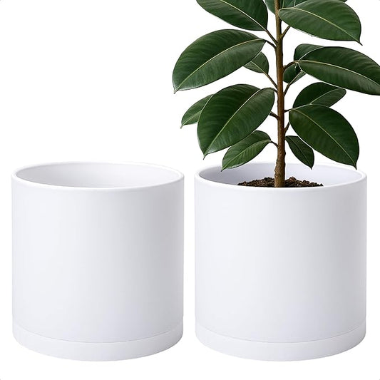 D'vine Dev 2 Pack 12 Inch Modern Plastic Plant Pots, Small Garden Planters for Plant with Drainage Holes and Saucers, White Color, 74-Z-P-1