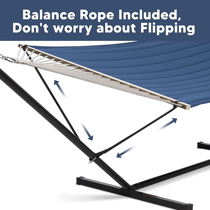 SUNCREAT 2 Person Free Standing Hammock with 15 ft Stand, 475 lbs Capacity, Backyard Hammock with Stand, Navy