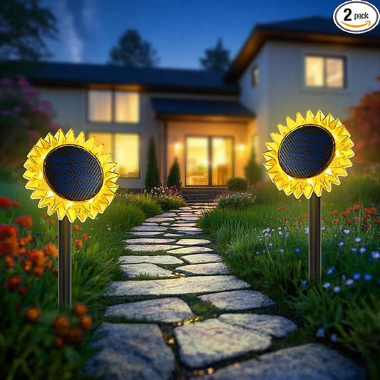 Solar Sunflower Decorative Outdoor Lights, 2 Pack Ground & Wall 2-in-1 Waterproof Decor Light for Backyard, Garden, Pathway, Driveway (Yellow)