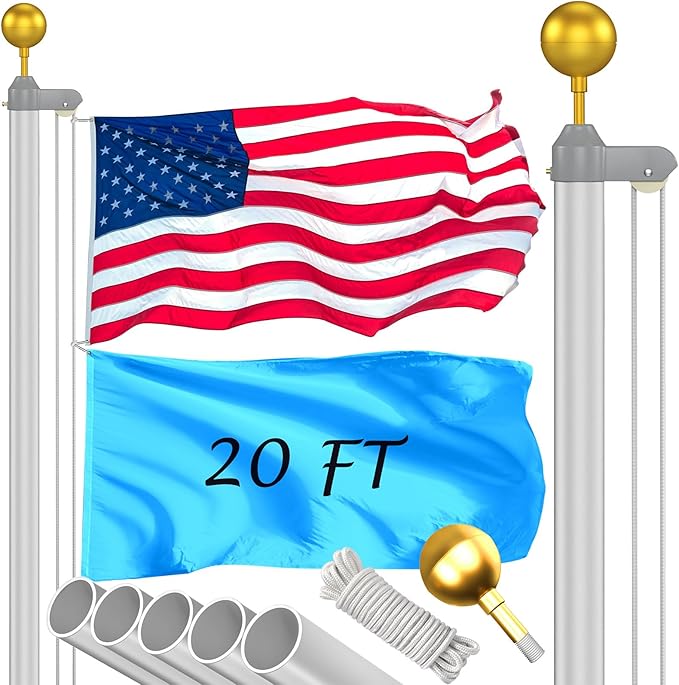 Flag Pole Kit 20FT, 12 Gauge 1.8mm Thickness Heavy Duty Flag Poles with 3x5 American Flag, Silver Flag Pole for Outdoor House In Ground, Extra Thick Flagpoles Suitable for Yard and Garden