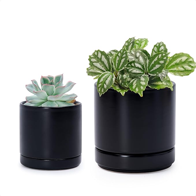 D'vine Dev 3.5 Inch & 4.7 Inch Ceramic Planter Pots for Plants with Drainage Hole and Saucer, X-Small Plant Pots Set, Black, 94-G-XS-2