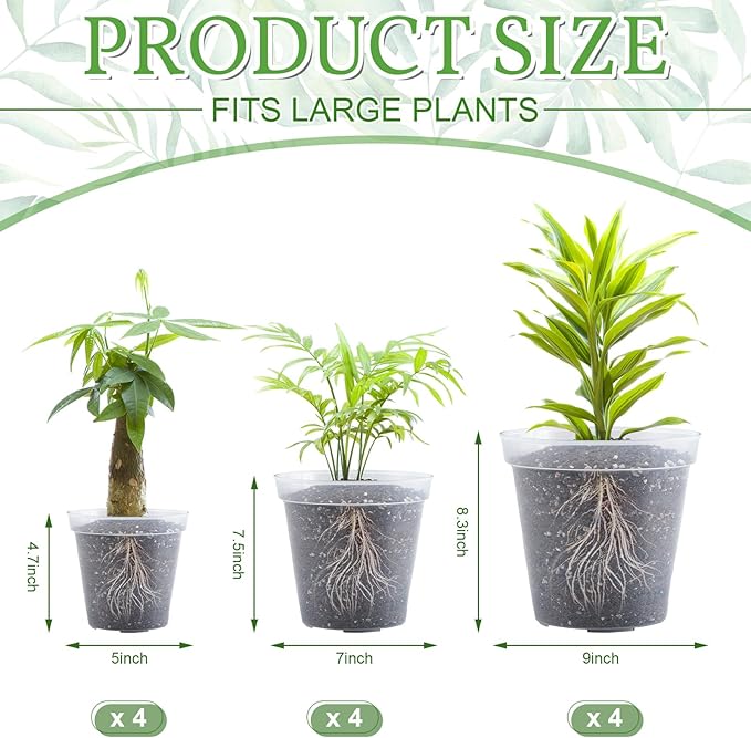Vesici Large Size Clear Nursery Pots Variety Pack Plant Pots with Drainage Holes Planters for Indoor Plants Flexible Transparent Plastic Plant Bottle Succulents(12 Pcs,5/7/9 Inch)