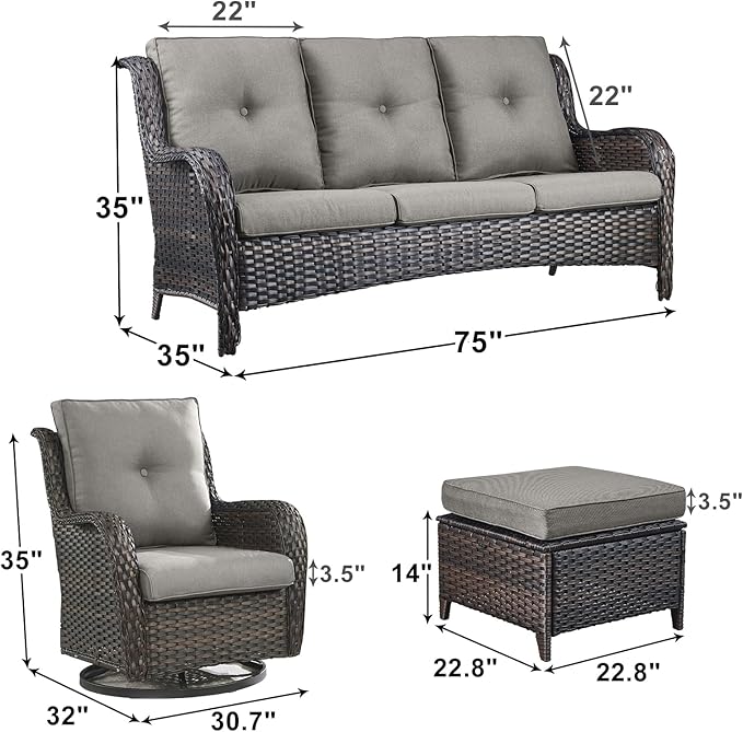 Outdoor Wicker Patio Furniture Set - 5 Piece Rattan Patio Conversation Set with 2 Rocking Swivel Chairs,2 Ottomans and 1 Sofa for Porch Deck Backyard Garden(Brown/Grey)