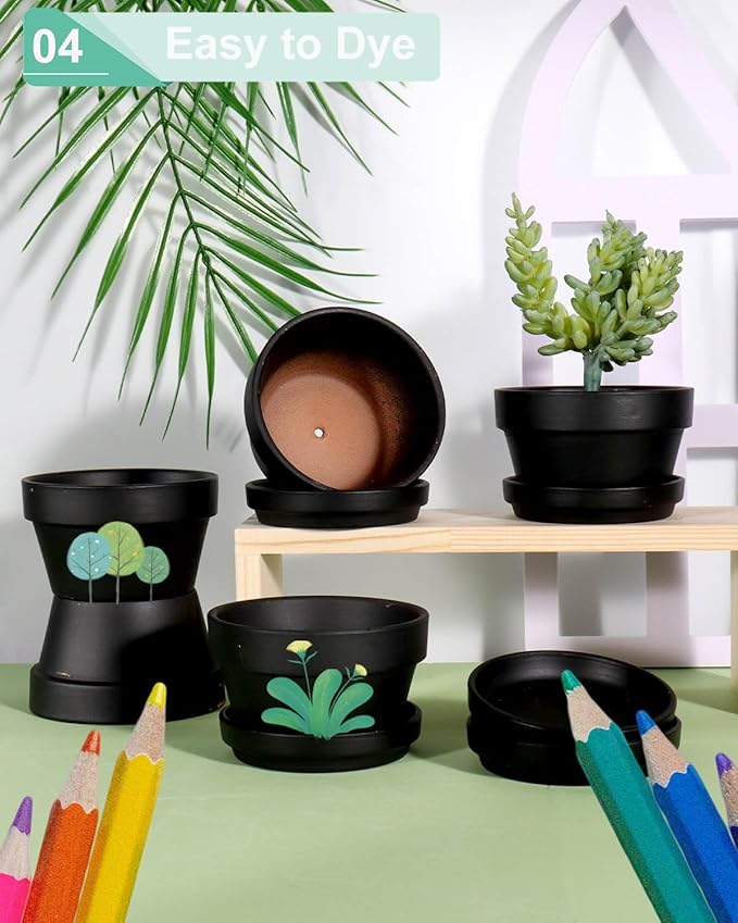 vensovo 3.7 Inch Black Terracotta Shallow Succulent Pots - 6 Pack Terra Cotta Clay Pot with Saucer, Cacuts Indoor and Outdoor Planters with Drainage Hole
