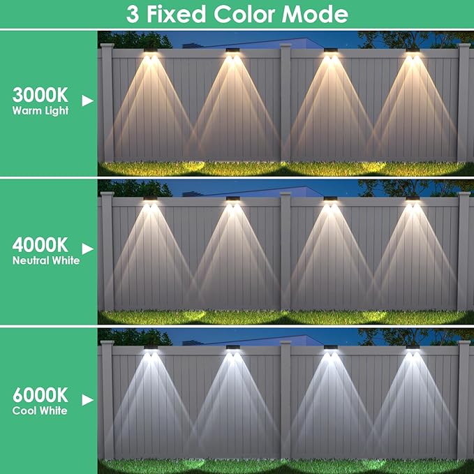 Derynome Solar Fence Outdoor Lights 12 Pack, 3 Color Modes IP45 Waterproof Solar Lights for Outside, Backyard, Railing, Step, Patio & Wall (3000K/4000K/6000K, 12 Pack)
