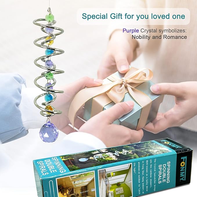 FONMY Gazing Ball Spiral Tail -Decorative Wind Spinner Sun Catcher Rainbow Maker Double-Spiral W/Purple Crystal Ball and Chain Crystals for Indoor Outdoor Garden Decoration -14 inch Height