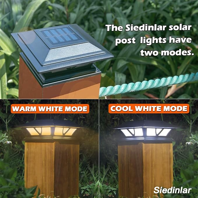 SIEDiNLAR Solar Post Lights Outdoor 2 Modes LED Deck Fence Cap Light for 4x4 5x5 6x6 Posts Patio Garden Decoration Warm White/Cool White Lighting Black (6 Pack)