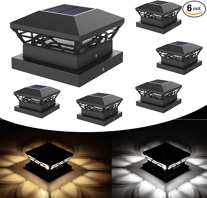 T-SUN Solar Powered Post Cap Lights Outdoor Waterproof for 4x4/5x5/6x6 Wooden/Vinyl Fences - Adjustable Warm/Cool White Modes for Deck, Mailbox, Garden, Porch, Patio, and Decorative Accents (6 Pack)