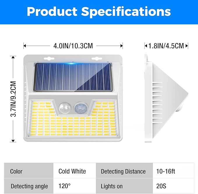 Peasur Solar Powered Lights Outdoor Motion Sensor, 2 Pack 140 LED Fence Light Waterproof, White Frame Security Wall Lighting for Outside Deck Yard Patio House Step