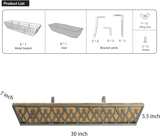 Window Boxes Planters: 2 Pack 30 Inch Railing Planter Box with Adjustable Brackets for Porch Fence Patio Balcony Hanging Flower Baskets with Coco Liners for Outdoor Garden Decor - Grey