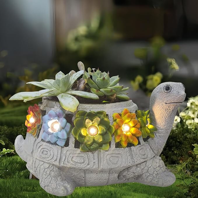 GUCHO Solar Garden Outdoor Statues Turtle with 5 Led Lights (Not Include Real Succulent),Lawn Decor Tortoise Statue for Patio, Balcony,Yard,Garden Decorations,Unique Gifts for Women Men