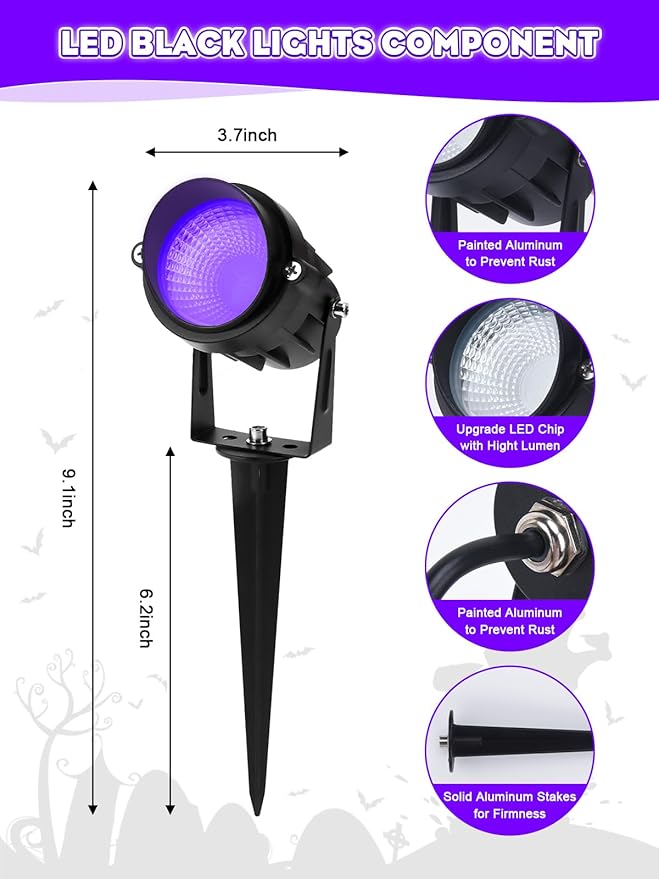 Outdoor Black Light Halloween Spotlight, 12W Purple Spotlights LED Blacklight, Waterproof Spot Landscape Lights with US Plug for Glow Party, Poster, Bar, Yard, Garden Gyms Decor (2Pack)