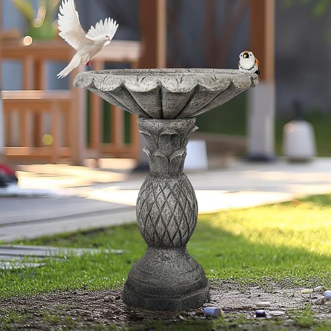 SunJet 24.8 Inch Heigh Concrete Bird Bath with Pineapple Texture – birdbath Sturdy & Elegant Design, Vintage Freestanding Style, Attracts Birds and Enhances Garden, Patio, Yard, Lawn Décor