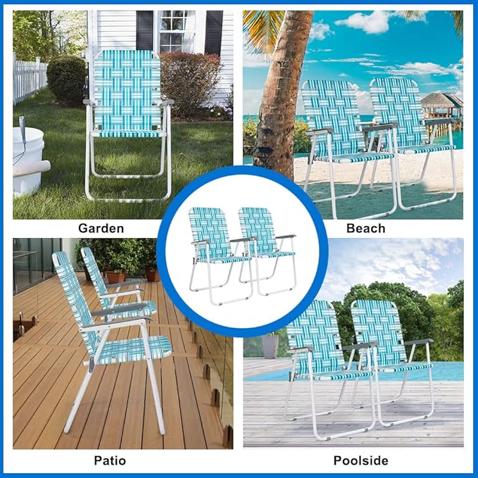 VINGLI Patio Lawn Webbed Folding Chairs Set of 2, Outdoor Beach Chair Portable Dining Chair for Outdoor Yard, Garden (White & Blue, Classic)
