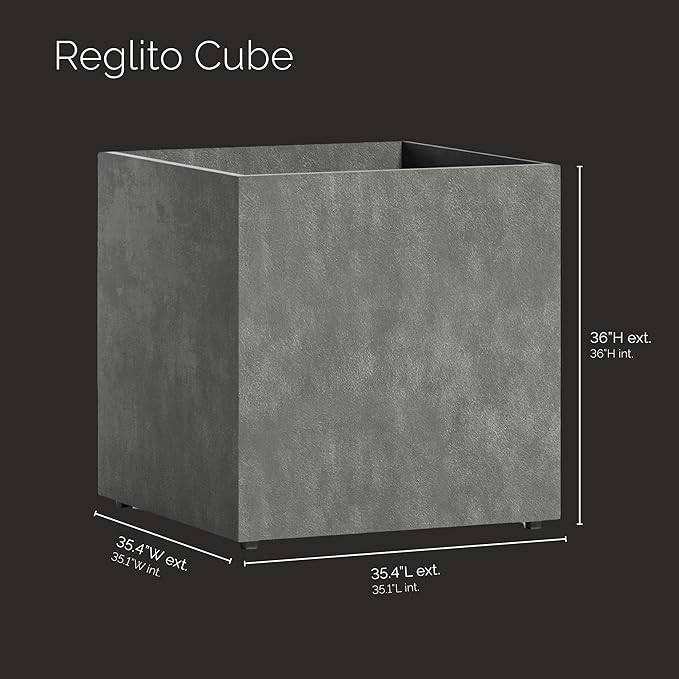 Reglito Cube Planter – Fiberglass Indoor/Outdoor and Weather-Resistant Large Planter (Grey Stone, 35.4" L x 35.4" W x 36" H)