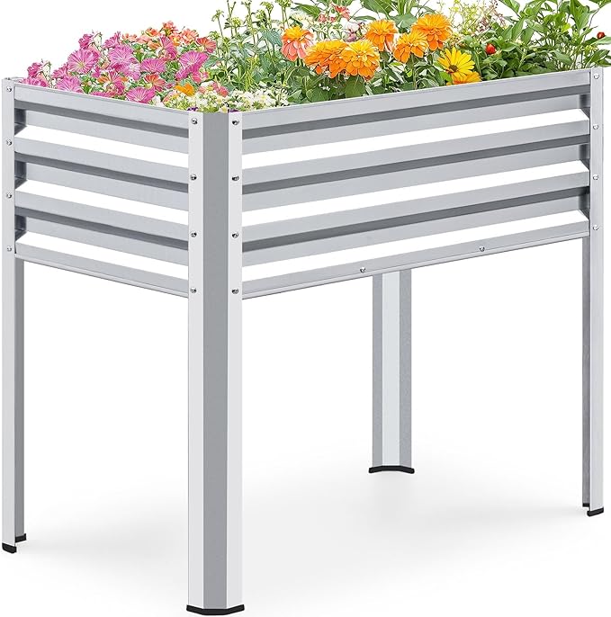 KING BIRD Raised Garden Bed with Legs Galvanized Elevated Planter Box for Backyard, Patio, Balcony, 33.9x17.7x31.5in, Silver