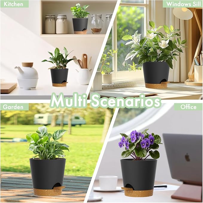 7/6.5/6/5.5/5/4 inch Self Watering Pots for Indoor Outdoor Plants, 6 Pack Plastic Flower Planters with Drainage Holes and Removable Saucers, Plant Pots with Wicking Rope, Black Brown