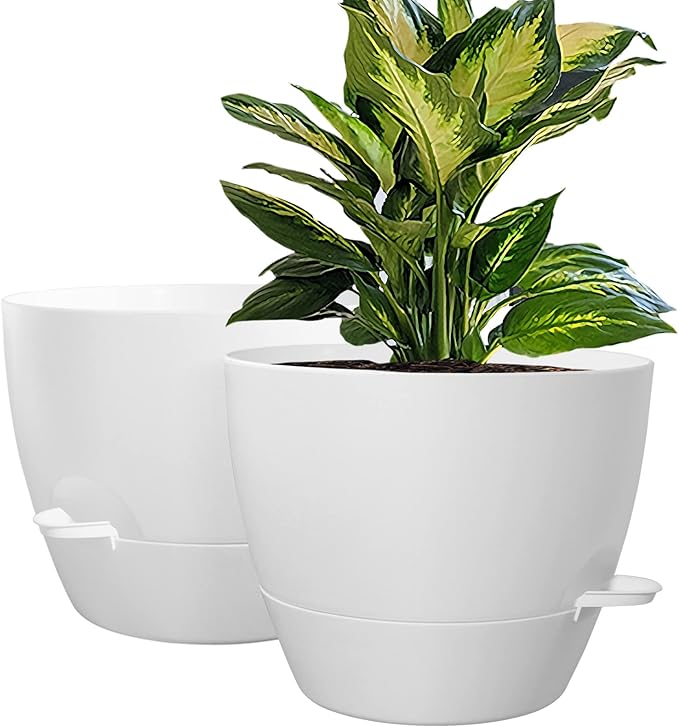 WOUSIWER 10 inch Self Watering Planters, 2 Pack Large Plastic Plant Pots with Deep Reservior and High Drainage Holes for Indoor Outdoor Plants and Flowers, White