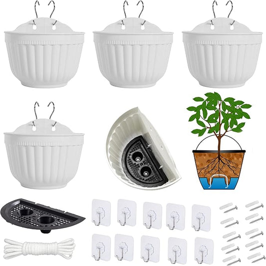 5 Pack Resin Wall Hanging Planter Pots Vertical Garden Living Wall Mount Window Hang Box Container Indoor Outdoor for Plants Flowers Kitchen Herbs Holder with Drainage Water Reservoir Decor White